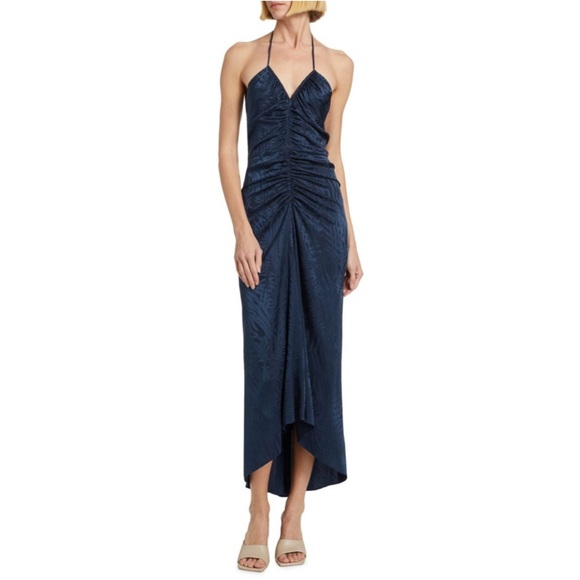 Veronica Beard Aldana Embossed Halter Midi-Dress in Marine Blue